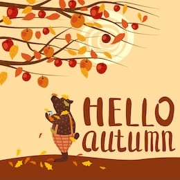 cute autumn bear covered in fallen autumn leaves with a cup of coffee, hello autumn lettering, fall under apple tree. vector, illustration isolated flat cartoon style