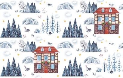 watercolor pattern. winter trees with a christmas house on a white background. it will be an excellent packaging, stuffing, print.