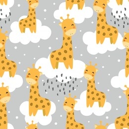 giraffe cute seamless pattern with cloud in sky, animal summer wallpaper background, cartoon vector illustration