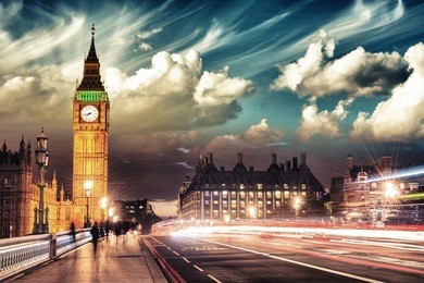 beautiful colors of big ben from westminster bridge at sunset - london.