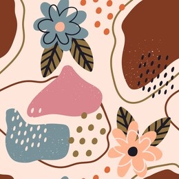 hand drawn various shapes, flowers and leaves, spots, dots and lines. different pastel colors. abstract contemporary seamless pattern. modern patchwork illustration in vector