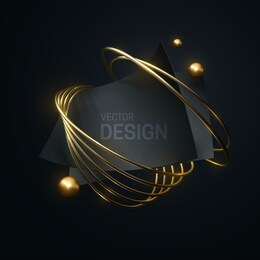abstract geometric composition with black curvy paper sheets, golden rings and spheres. vector 3d illustration. luxury banner template. geometry objects. fashion composition. jewelry label design