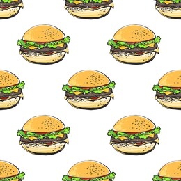 fashion fast food seamless with burger. stylish modern textile design. vector fashion sketch. white background. vintage fabric print. beautiful pattern