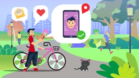 guy using face recognition technology to unlock his smartphone with city park background, suitable for landing page, ui, web, app intro card, editorial, banner 