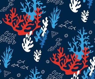 hand drawn underwater natural ocean elements. seamless pattern with reef corals. vector sketch