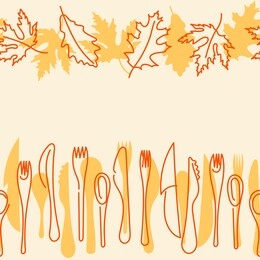 seamless border. cooking, autumn menu . contour cutlery and autumn leaves kitchen utensils. vector illustration