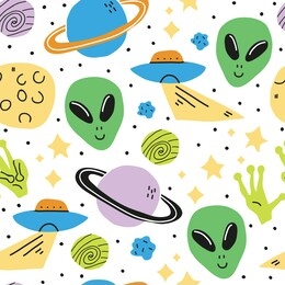 childish seamless pattern with hand drawn space elements - space, stars, planets, ufo, aliens. trendy kids vector background in scandinavian style. perfect for textile, fabrics for children. - vector
