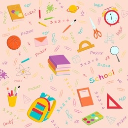 set of multicolour vector seamless pattern with school supplies and stationery. bundle of accessories for lessons, items for education of smart pupils and students. colorful hand drawn illustration