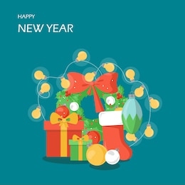 happy new year flat style design illustration. gift boxes, christmas wreath, balls, stocking and garland xmas tree lights. christmas composition for greeting card, web banner, website page etc.