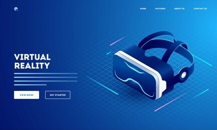 virtual reality concept with illustration of 3d vr glasses on blue grid background. can be used as website poster or landing page design.