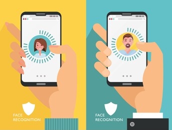 face id. recognition system. biometric identification. face scanner. set of smartphones in male and female hands. face avatar on the phone screen with man and woman. vector illustration, flat design.