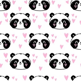 hand drawn cute panda bear and heart pattern seamless.