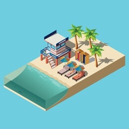 the girls lie on the beach in the sun loungers on the sea under the palm trees and with a lifeguard booth. isometric summer vector illustration