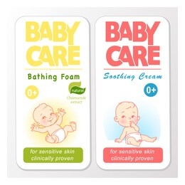 baby cream logo design template. baby in diaper emblem. cream, foam logo. cute little boy, girl sitting. baby care hygiene cosmetic symbol.  logotype for package with text. color vector illustration.