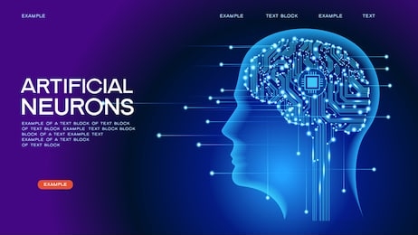 neural network. deep learning. artificial intelligence concept. robot face and building abstract background