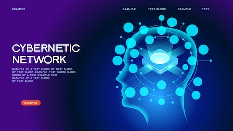 neural network. deep learning. artificial intelligence concept. robot face and building abstract background