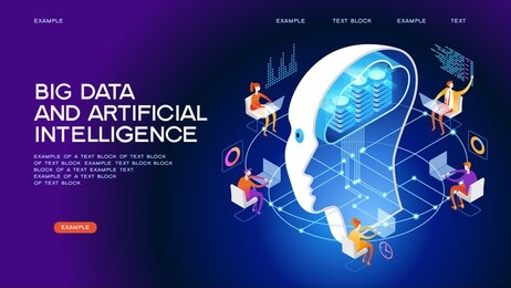 deep learning. big data and artificial intelligence concept. people interact with artificial intelligence. 3d vector isometric illustration.