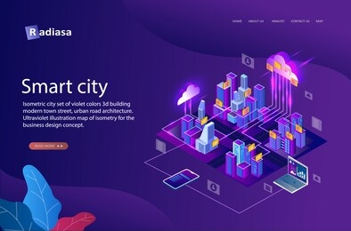 isometric smart city, 3d building modern town street, urban road architecture. illustration map of isometric for the business design concept.