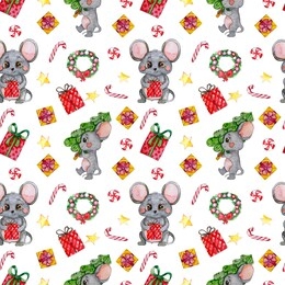 hand painted watercolor characters mouse seamless pattern. cute christmas mouse. isolated on white background for invitation, design, print, textile,wrapping