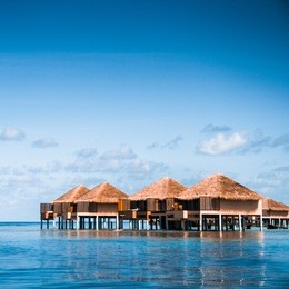 over water bungalows with steps into amazing green lagoon