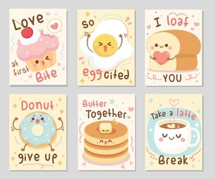 i bake you funny food quotes. here are bakery full of love and fun. sayings love at first bite, i loaf you, donut give up, and more. set of rectangle gift tag, card, postcard. vector illustration.
