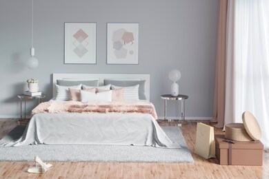 3d illustration. charming woman’s bedroom with painting, a mirror and hairy plaid. front view