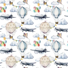 watercolor seamless pattern with clouds and hot air balloons. hand painted sky illustration with aerostates, planes and garlands isolated on white background. for design, prints, fabric or background