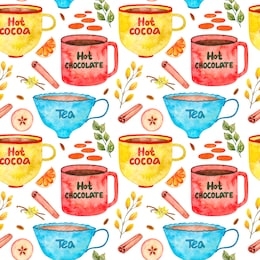 hot drinks cup, tea, cocoa, chocolate watercolor seamless pattern on white. colorful background. autumn and winter drinks. for wallpaper, fabric design, textile design, paper, banner, card, background