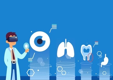 cartoon doctor in vr glasses looking at digital hologram model of human organs, futuristic medical technology for eye, lungs, tooth and kidney health exam, virtual reality vector illustration