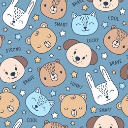 vector seamless childish funny pattern with stars and cute cartoon animals. colorful doodle cat, bear, rabbit and dog on blue background