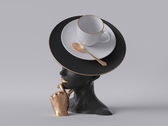 3d render, black mannequin woman head isolated on white background, golden hand, lady wearing unusual hat, coffee cup and golden spoon, fashion concept, female body parts, clean minimal design