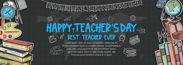 happy teachers day banner with school equipment. vector illustration