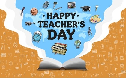 happy teachers day banner with school equipment. vector illustration