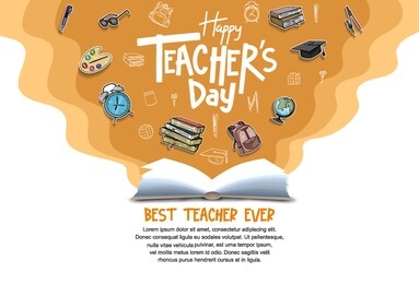 happy teachers day banner with school equipment. vector illustration