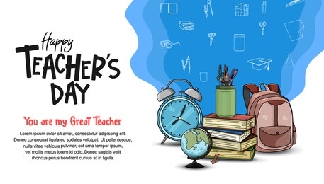 happy teachers day banner with school equipment. vector illustration