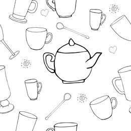 seamless vector pattern with black and white contour kitchenware. kitchen utensil, tableware for cafe and domestic life. endless texture for posters, wrapping paper, cards, planners, decoration