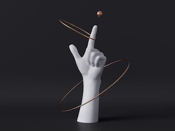 3d render, white decorative female mannequin hand isolated on black background, finger pointing up, spinning golden rings, body part, fashion concept, esoteric fortuneteller, clean minimal design