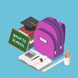 flat 3d isometric blackboard with text back to school and a backpack, stationary, books, graduation cap. back to school and education concept.