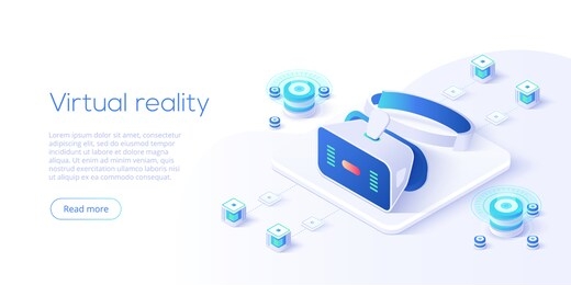 virtual or augmented reality concept in isometric vector illustration. vr/ar glasses connection to network. headset technology web banner layout template for website or social media.