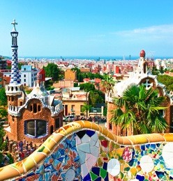 barcelona, spain - july 19: ceramic mosaic park guell on july 19, 2013 in barcelona, spain. park guell is the famous architectural town art designed by antoni gaudi and built in the years 1900 to 1914