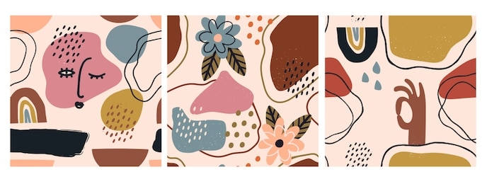 hand drawn various shapes and doodle objects. set of three abstract contemporary modern trendy vector seamless patterns. perfect for textile prints. every pattern is isolated