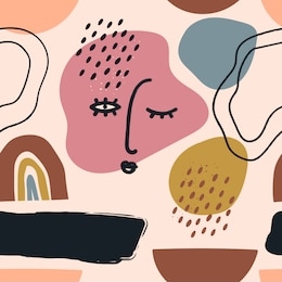 hand drawn face and various shapes and doodle objects. abstract contemporary modern trendy vector seamless pattern. perfect for textile prints. pastel colors