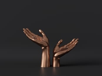 3d render, gold female mannequin hands isolated on black background, body parts, fashion concept, religious prayer, sacred ritual, holding gesture, clean minimal design, blank space