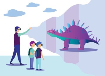 man showing children flat virtual dinosaur projection. cartoon school teacher and kids wearing vr glasses headset watching stegosaurus. experiencing augmented reality game. vector illustration