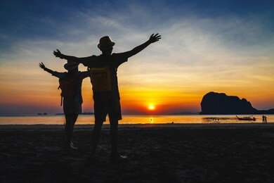 silhouette happy couple traveler joy beautiful sunset at pak meng beach, outdoor lifestyle travel trang thailand fun beach, activity tourist people on summer vacation, tourism destination asia holiday