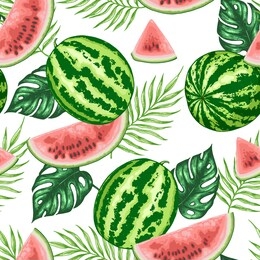 summer tropical seamless pattern with sweet  juicy watermelon and palm leaves on a white background. hand drawn vector illustration