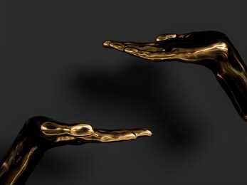black and gold palm presenting gesture isolated on black background, abstract hand sculpture,  3d rendering,