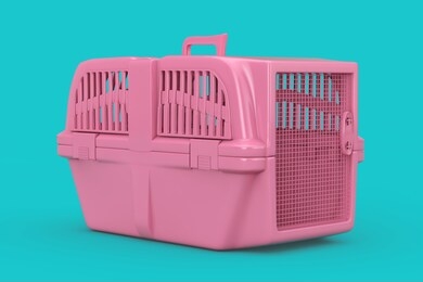 pink pet travel plastic cage carrier box mock up duotone on a blue background. 3d rendering