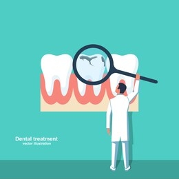 professional dentist examines a bad tooth. stamatologic concept. vector illustration flat design. isolated on background. damaged tooth with a hole. teeth examination dentistry concept.