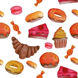seamless pattern with sweets. baking pattern. watercolor pattern with cakes, donuts, sweets. seamless watercolor pattern